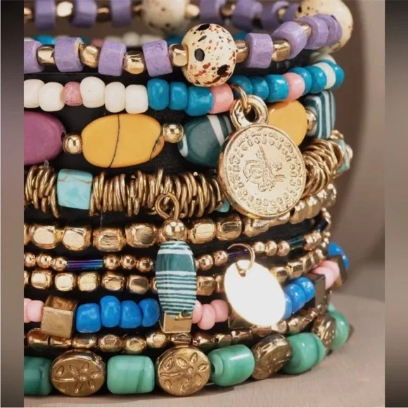 Boho Multicolor Stone & Bead Stackable Bracelet Set - Picture 2 of 3